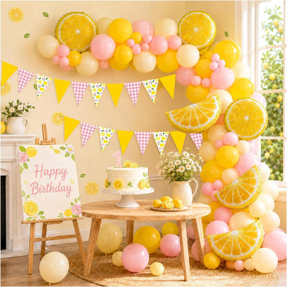 Lemonade Party Decorations Pink Yellow Balloon Arch Kit with Lemon Banners for Summer Lemon Theme Birthday Baby Shower Wedding Bachelorette Bridal Party Lemonade Stand Supplies