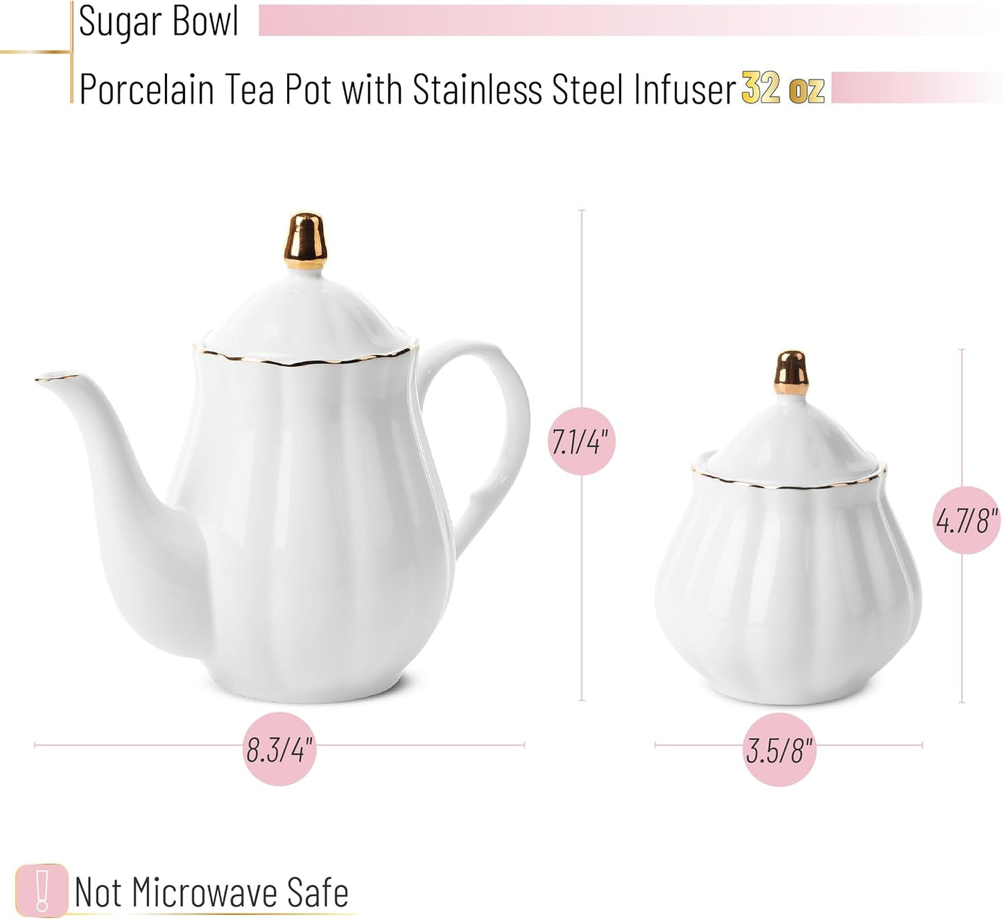 BTaT- Classic tea set, 13 pcs, Tea Cups (7oz), Tea Pot with Stainless Steel Infuser (32oz), Creamer and Sugar Set, Porcelain Tea Set, White Tea Set, Tea Pot Sets with Cups