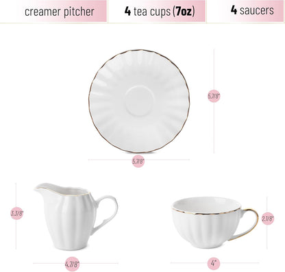 BTaT- Classic tea set, 13 pcs, Tea Cups (7oz), Tea Pot with Stainless Steel Infuser (32oz), Creamer and Sugar Set, Porcelain Tea Set, White Tea Set, Tea Pot Sets with Cups