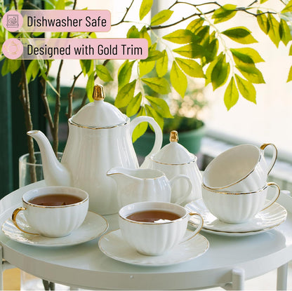 BTaT- Classic tea set, 13 pcs, Tea Cups (7oz), Tea Pot with Stainless Steel Infuser (32oz), Creamer and Sugar Set, Porcelain Tea Set, White Tea Set, Tea Pot Sets with Cups