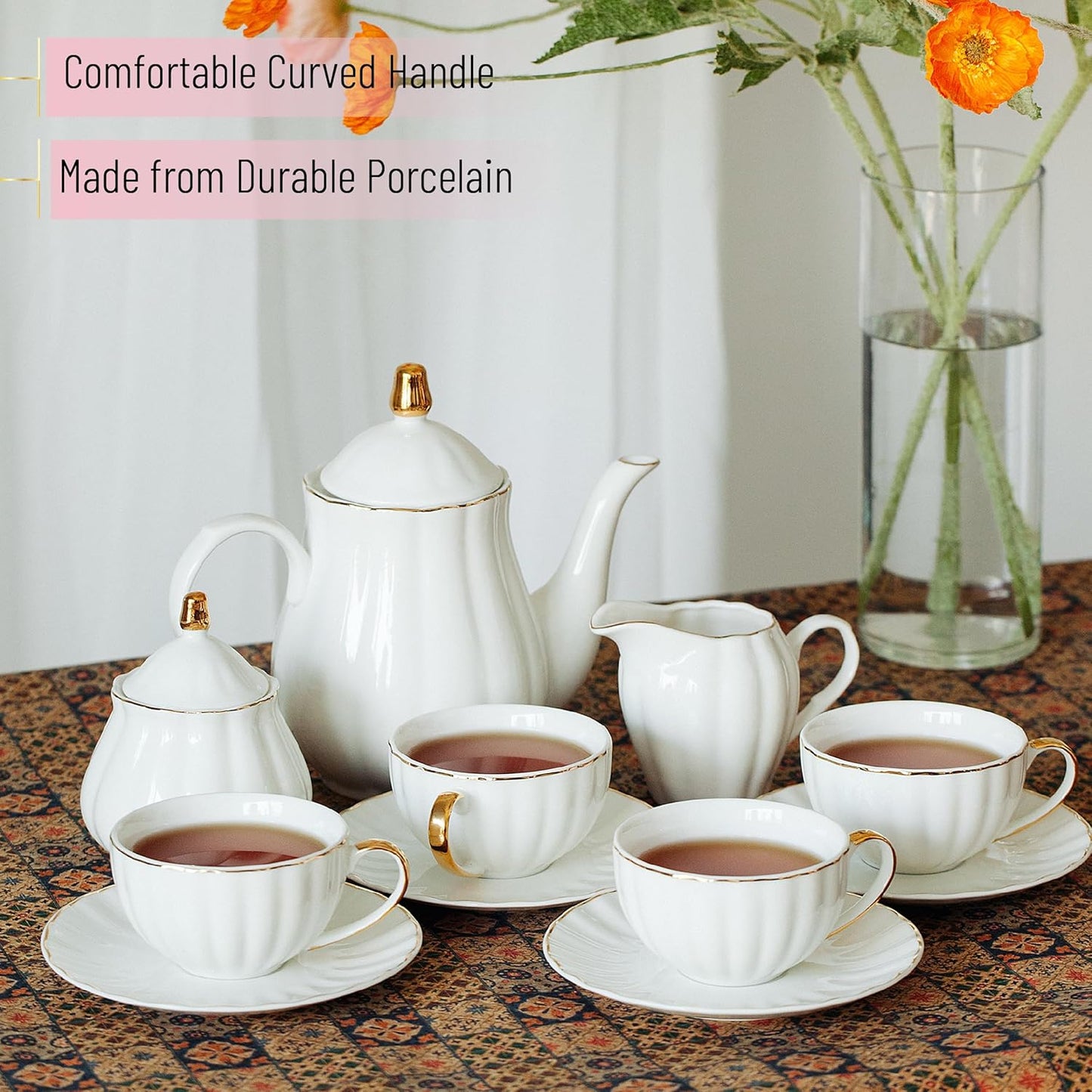 BTaT- Classic tea set, 13 pcs, Tea Cups (7oz), Tea Pot with Stainless Steel Infuser (32oz), Creamer and Sugar Set, Porcelain Tea Set, White Tea Set, Tea Pot Sets with Cups
