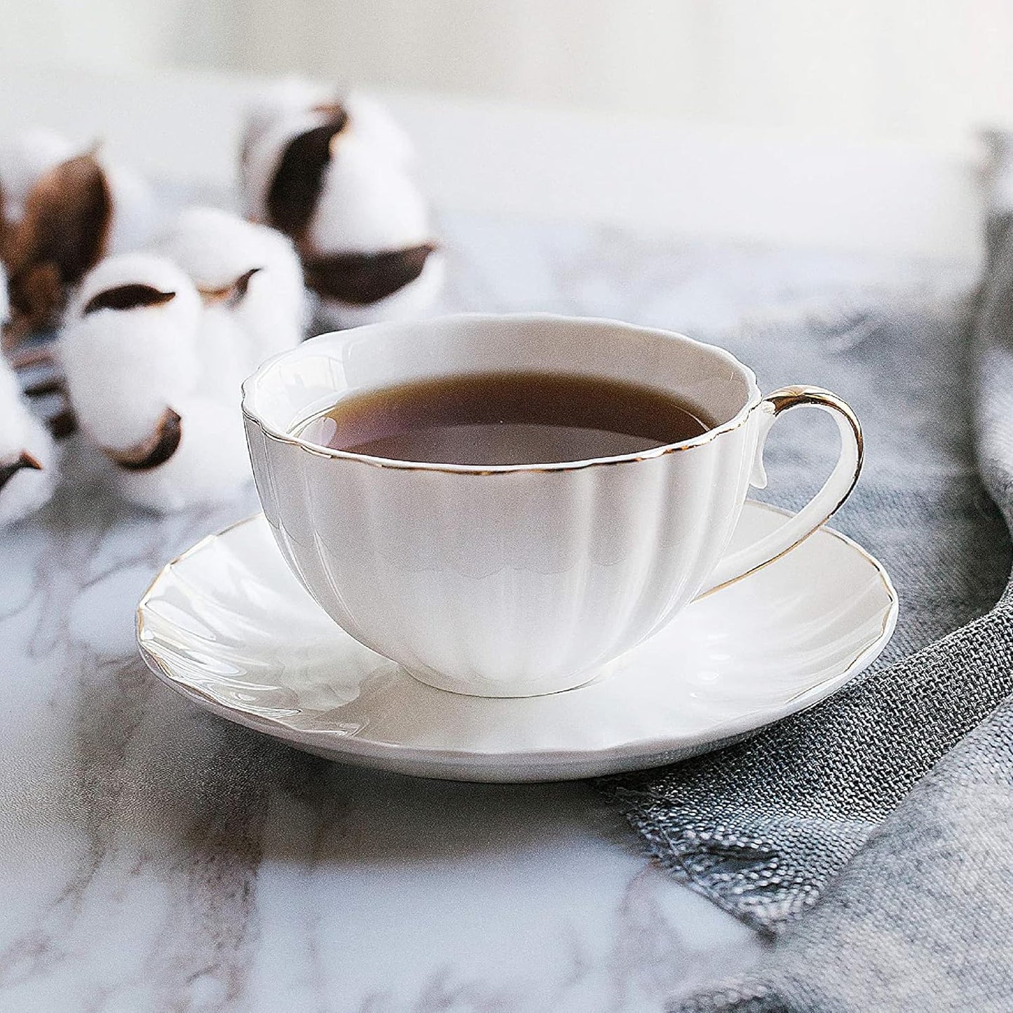 BTaT- Classic tea set, 13 pcs, Tea Cups (7oz), Tea Pot with Stainless Steel Infuser (32oz), Creamer and Sugar Set, Porcelain Tea Set, White Tea Set, Tea Pot Sets with Cups