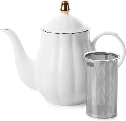 BTaT- Classic tea set, 13 pcs, Tea Cups (7oz), Tea Pot with Stainless Steel Infuser (32oz), Creamer and Sugar Set, Porcelain Tea Set, White Tea Set, Tea Pot Sets with Cups