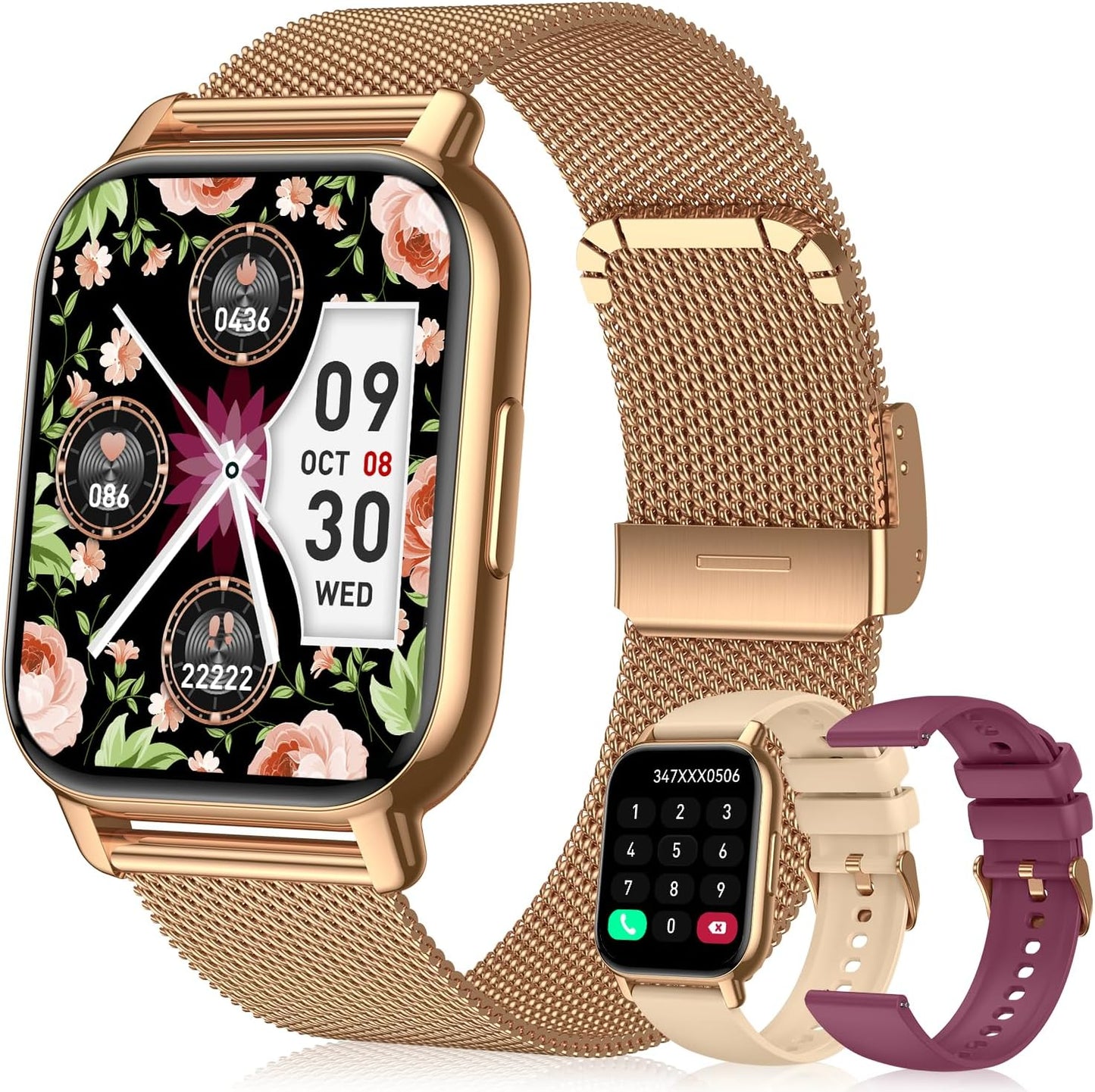 Smart Watch for Women(3 Bands), Smartwatch Fitness Tracker with Bluetooth Calls & AI Voice Control, 1.85’’ HD Screen, Heart Rate/SpO2 Monitor, Sleep Tracker, Compatible with Android iOS (Gold)