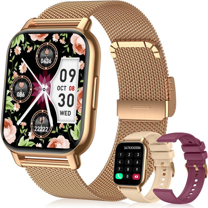 Smart Watch for Women(3 Bands), Smartwatch Fitness Tracker with Bluetooth Calls & AI Voice Control, 1.85’’ HD Screen, Heart Rate/SpO2 Monitor, Sleep Tracker, Compatible with Android iOS (Gold)