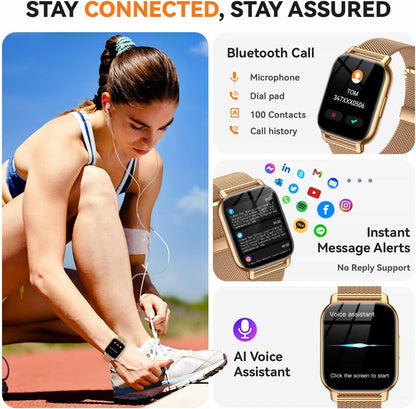 Smart Watch for Women(3 Bands), Smartwatch Fitness Tracker with Bluetooth Calls & AI Voice Control, 1.85’’ HD Screen, Heart Rate/SpO2 Monitor, Sleep Tracker, Compatible with Android iOS (Gold)