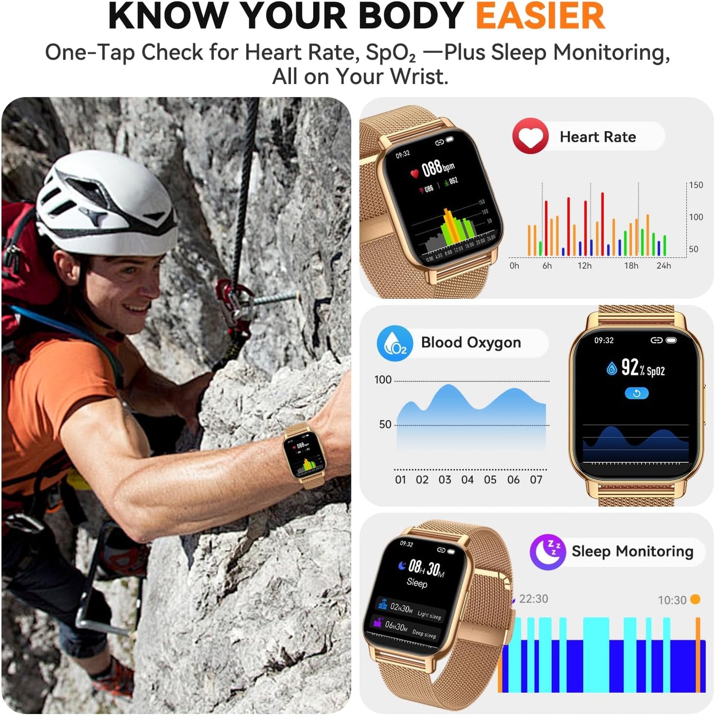 Smart Watch for Women(3 Bands), Smartwatch Fitness Tracker with Bluetooth Calls & AI Voice Control, 1.85’’ HD Screen, Heart Rate/SpO2 Monitor, Sleep Tracker, Compatible with Android iOS (Gold)