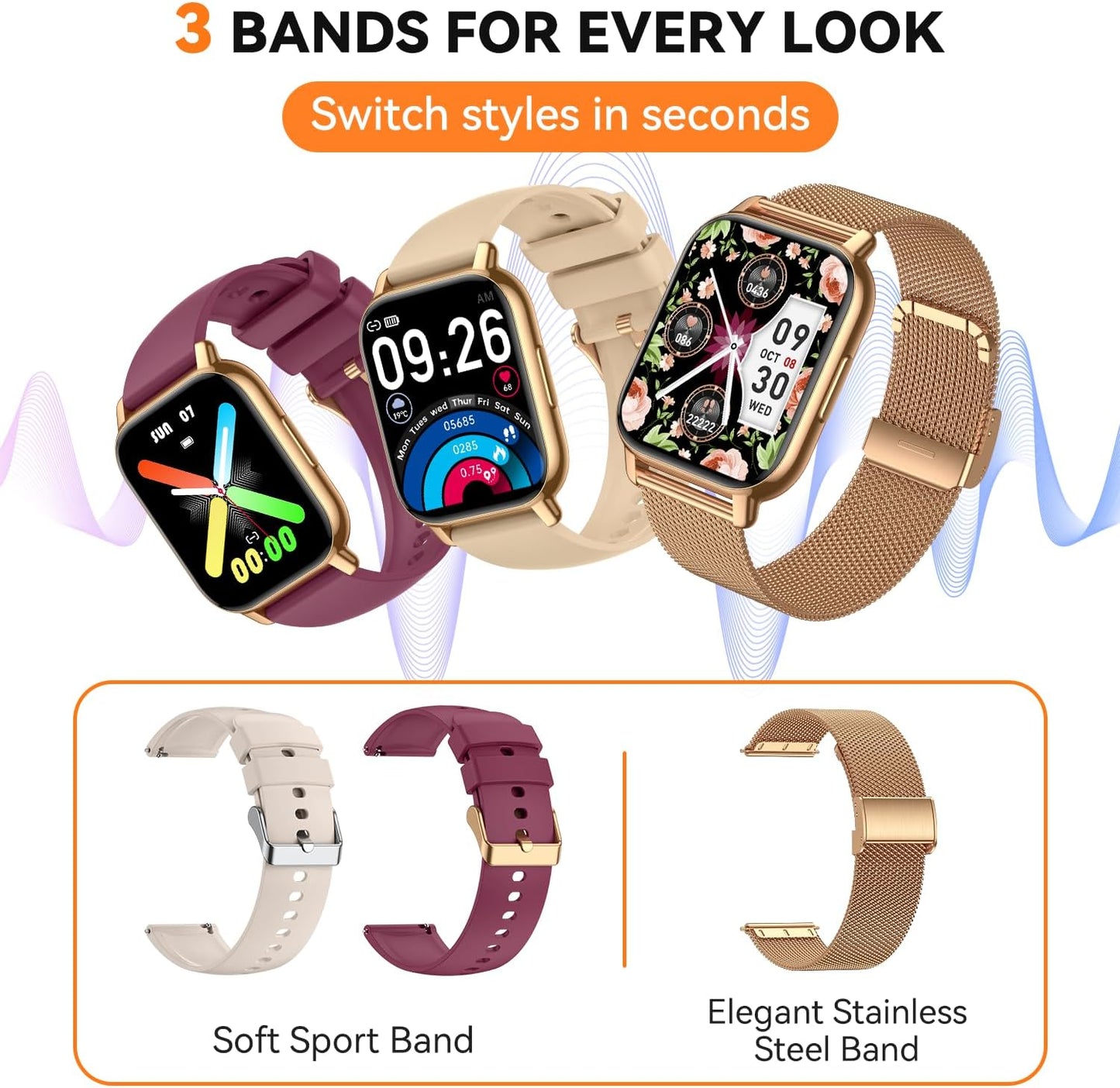 Smart Watch for Women(3 Bands), Smartwatch Fitness Tracker with Bluetooth Calls & AI Voice Control, 1.85’’ HD Screen, Heart Rate/SpO2 Monitor, Sleep Tracker, Compatible with Android iOS (Gold)