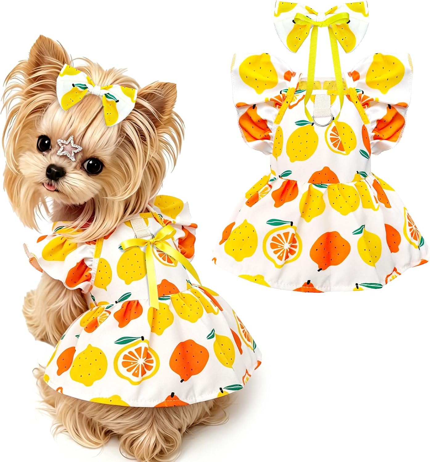 Cute Floral Small Dog Cat Harness Dress Outfits with Bow & Leash D-Ring,Soft Breathable Summer Ruffle Puppy Clothes Girl,3-Way Styling Female Dog Clothes for Chihuahua Yorkie Maltese(Yellow,XS)