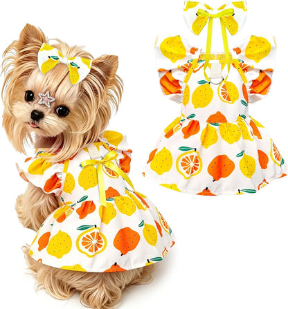 Cute Floral Small Dog Cat Harness Dress Outfits with Bow & Leash D-Ring,Soft Breathable Summer Ruffle Puppy Clothes Girl,3-Way Styling Female Dog Clothes for Chihuahua Yorkie Maltese(Yellow,XS)