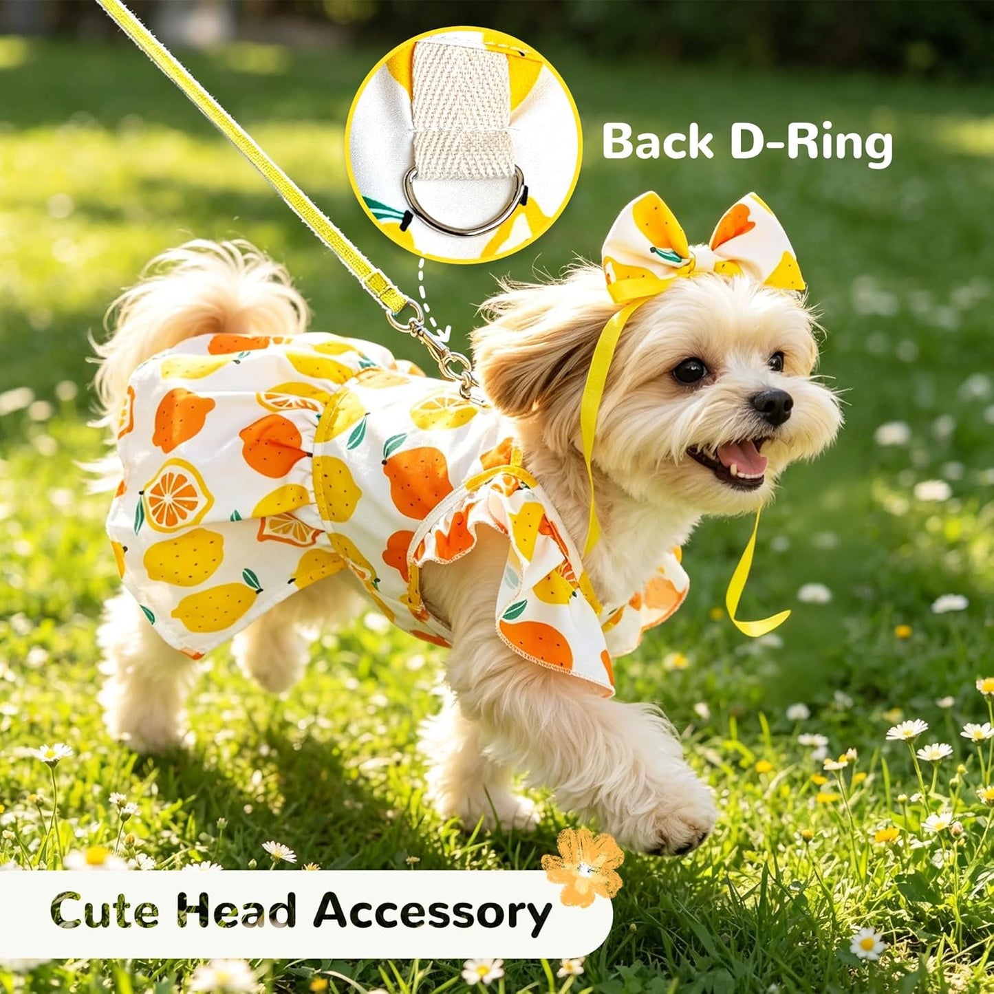 Cute Floral Small Dog Cat Harness Dress Outfits with Bow & Leash D-Ring,Soft Breathable Summer Ruffle Puppy Clothes Girl,3-Way Styling Female Dog Clothes for Chihuahua Yorkie Maltese(Yellow,XS)
