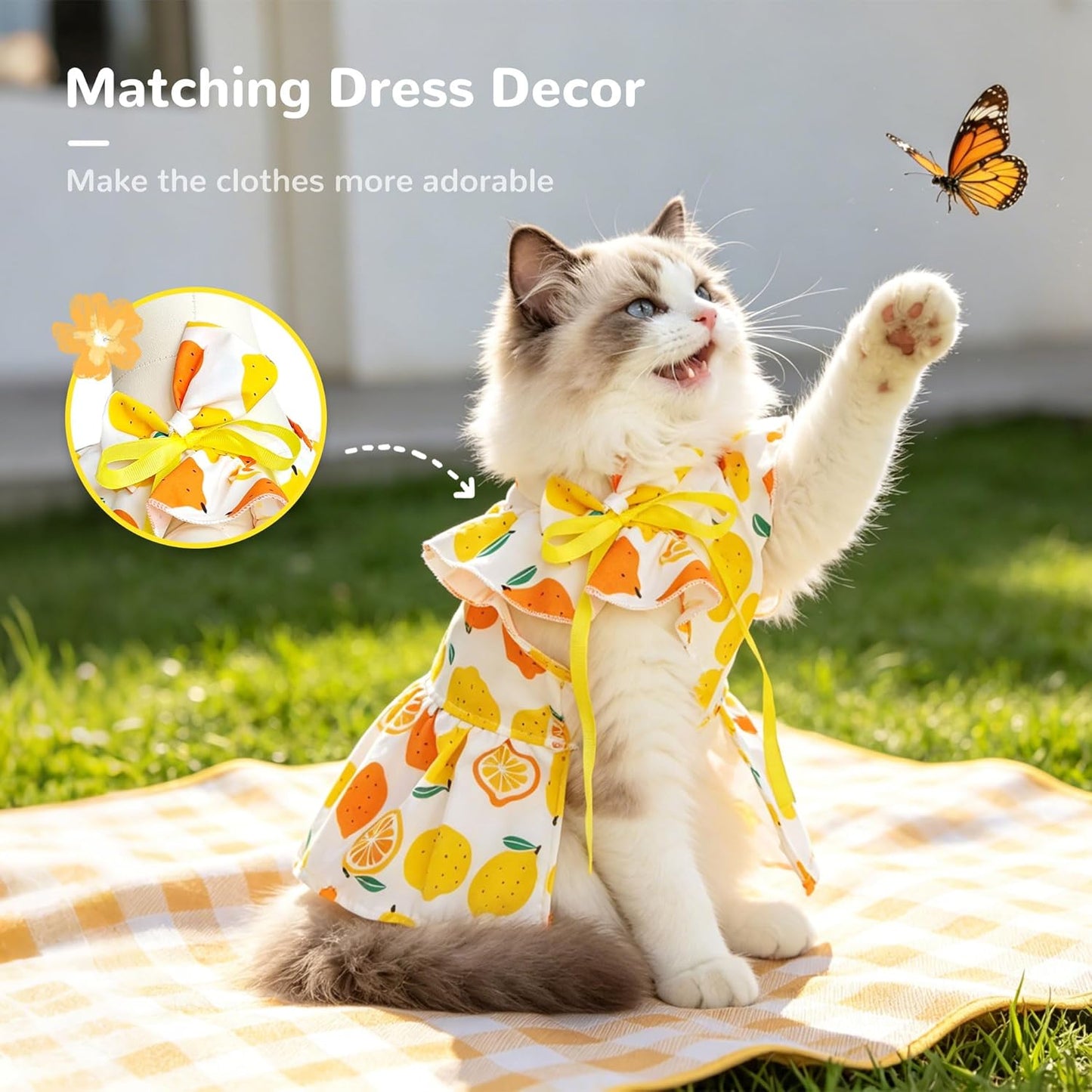 Cute Floral Small Dog Cat Harness Dress Outfits with Bow & Leash D-Ring,Soft Breathable Summer Ruffle Puppy Clothes Girl,3-Way Styling Female Dog Clothes for Chihuahua Yorkie Maltese(Yellow,XS)