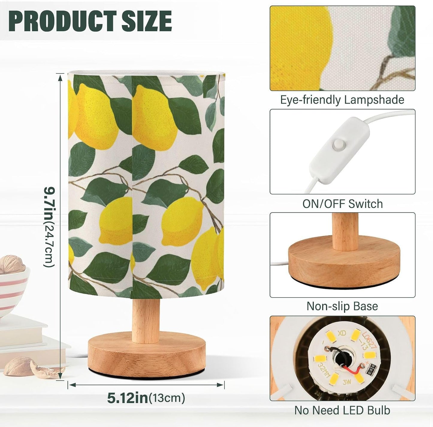 Bedside Table Lamp Lemon Yellow Citrus Fruits (85) Kids Nightstand Lamp Night Light Fabric Shade for Bedroom Living Room Home Office
