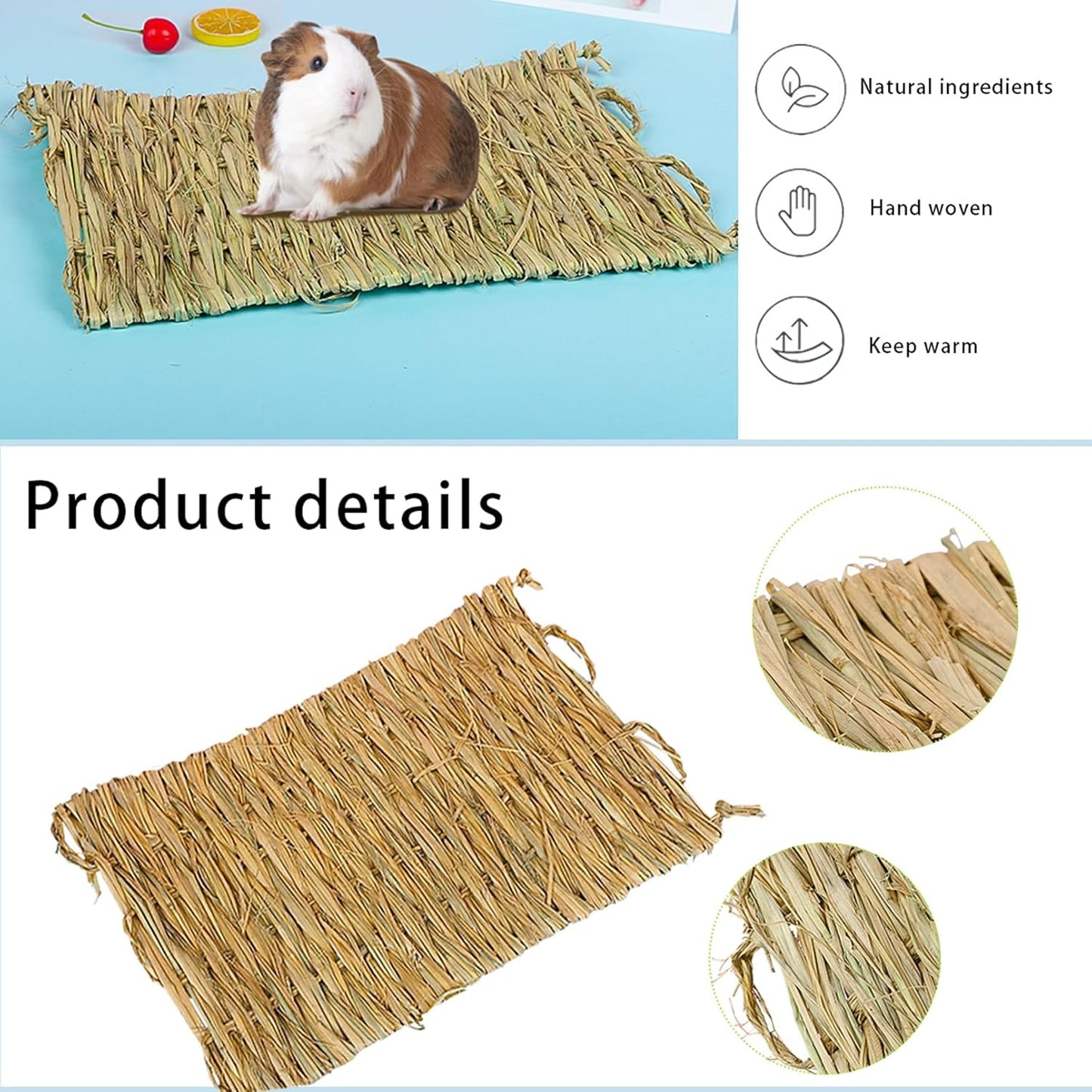 6 Pack Rabbit Grass Mat,Bunny Natural Straw Woven Bed,Small Animal Cages Hay Nest Sleeping,Chewing,Nesting and Toys for Rabbits Guinea Pig Hamster Hedgehog and Squirrel Bed Mat