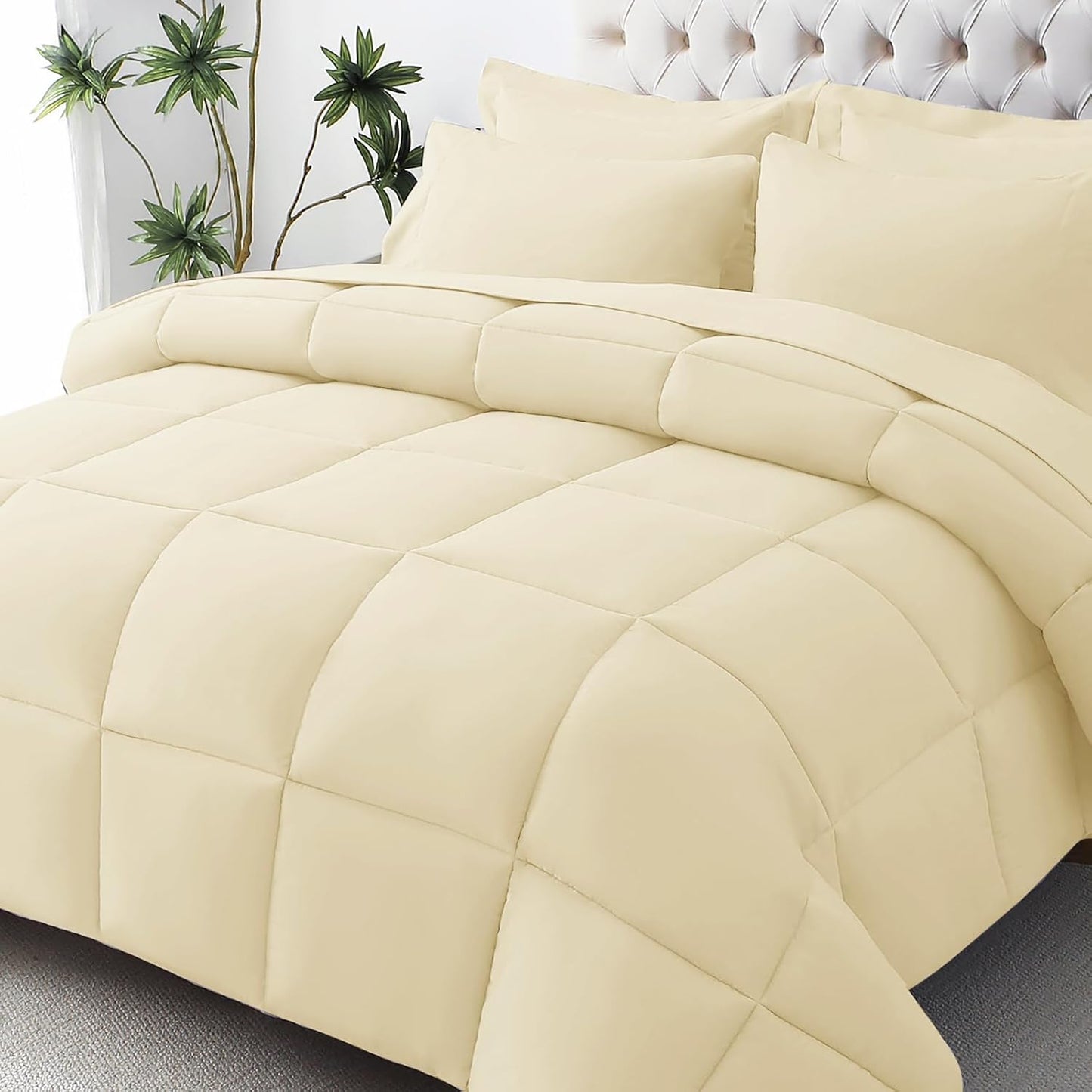 Full Comforter Set, Ultra-Soft Bed in a Bag Full Size 7 Pieces, Oeko-TEX Certified Bedding Set with Down Alternative Comforter, Sheets, Pillowcases & Shams, Light Yellow