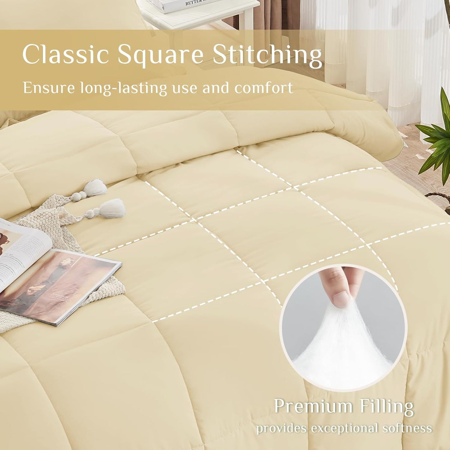 Full Comforter Set, Ultra-Soft Bed in a Bag Full Size 7 Pieces, Oeko-TEX Certified Bedding Set with Down Alternative Comforter, Sheets, Pillowcases & Shams, Light Yellow