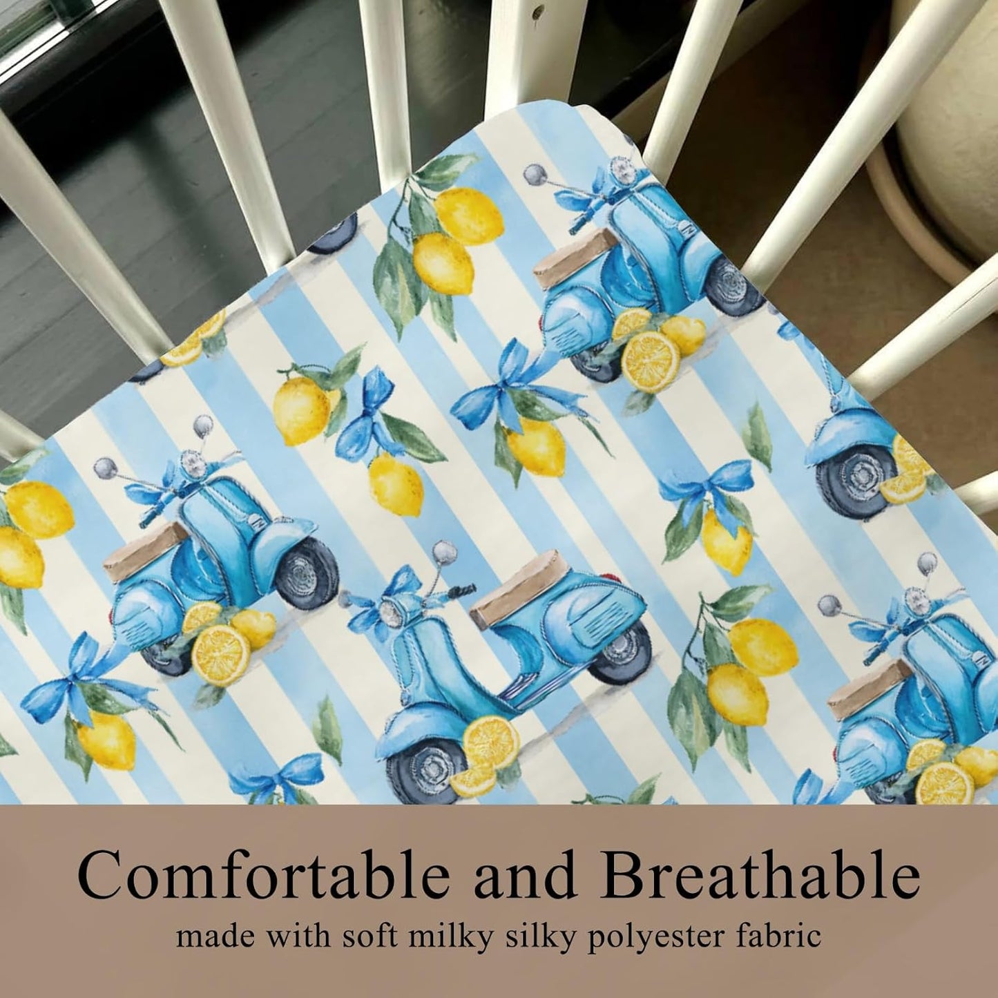 Cute Motorbike Lemon Bows Blue Stripes Baby Crib Sheets for Boy Girl 28"x52" Summer Scooters Yellow Lemons Fitted Crib Mattress Cover for Standard Crib and Toddler Italian Coastal Bed Sheet