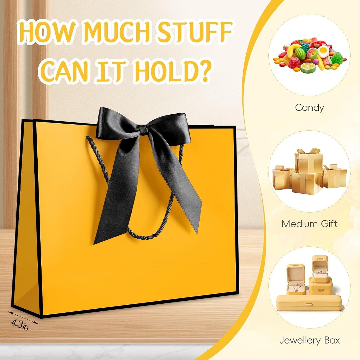 Gift Bags with Handles, 12.6" Medium Gift Bag with 2 Tissue Paper and 1 Card for Graduation Wedding Baby Shower Bridal Shower Engagement Birthday Party Favors (Yellow-Black)
