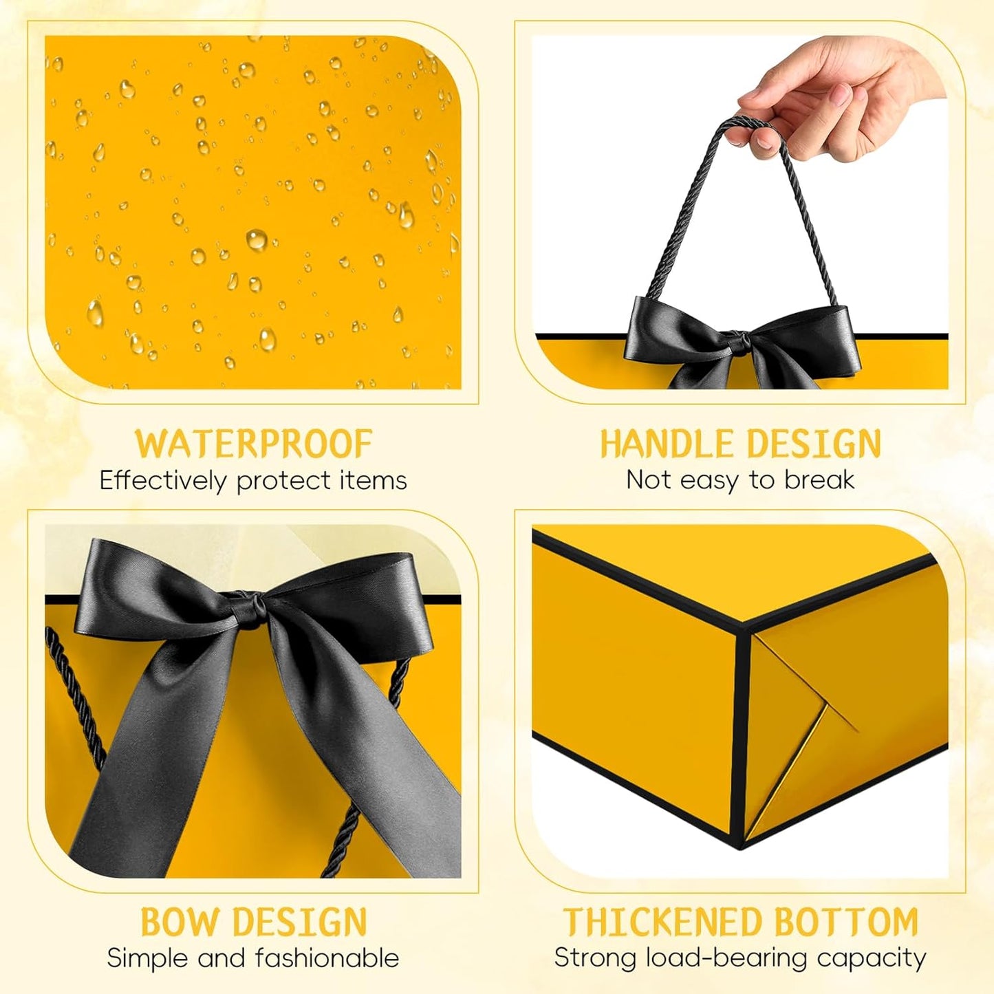 Gift Bags with Handles, 12.6" Medium Gift Bag with 2 Tissue Paper and 1 Card for Graduation Wedding Baby Shower Bridal Shower Engagement Birthday Party Favors (Yellow-Black)