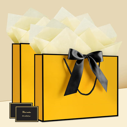 Gift Bags with Handles, 12.6" Medium Gift Bag with 2 Tissue Paper and 1 Card for Graduation Wedding Baby Shower Bridal Shower Engagement Birthday Party Favors (Yellow-Black)