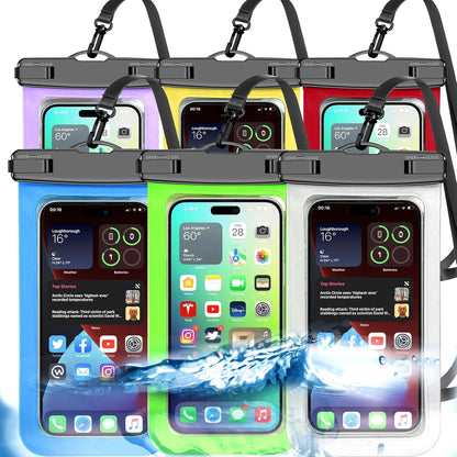 Waterproof Phone Pouch,6 Pack Multicolor Phone Case Dry Bag,Protection Level: IP68,Beach Cruise for Apple iPhone,Samsung,and More,Lanyard Included,(Fits Up to 8.3”),White,Blue,Red,Purple,Yellow,Green