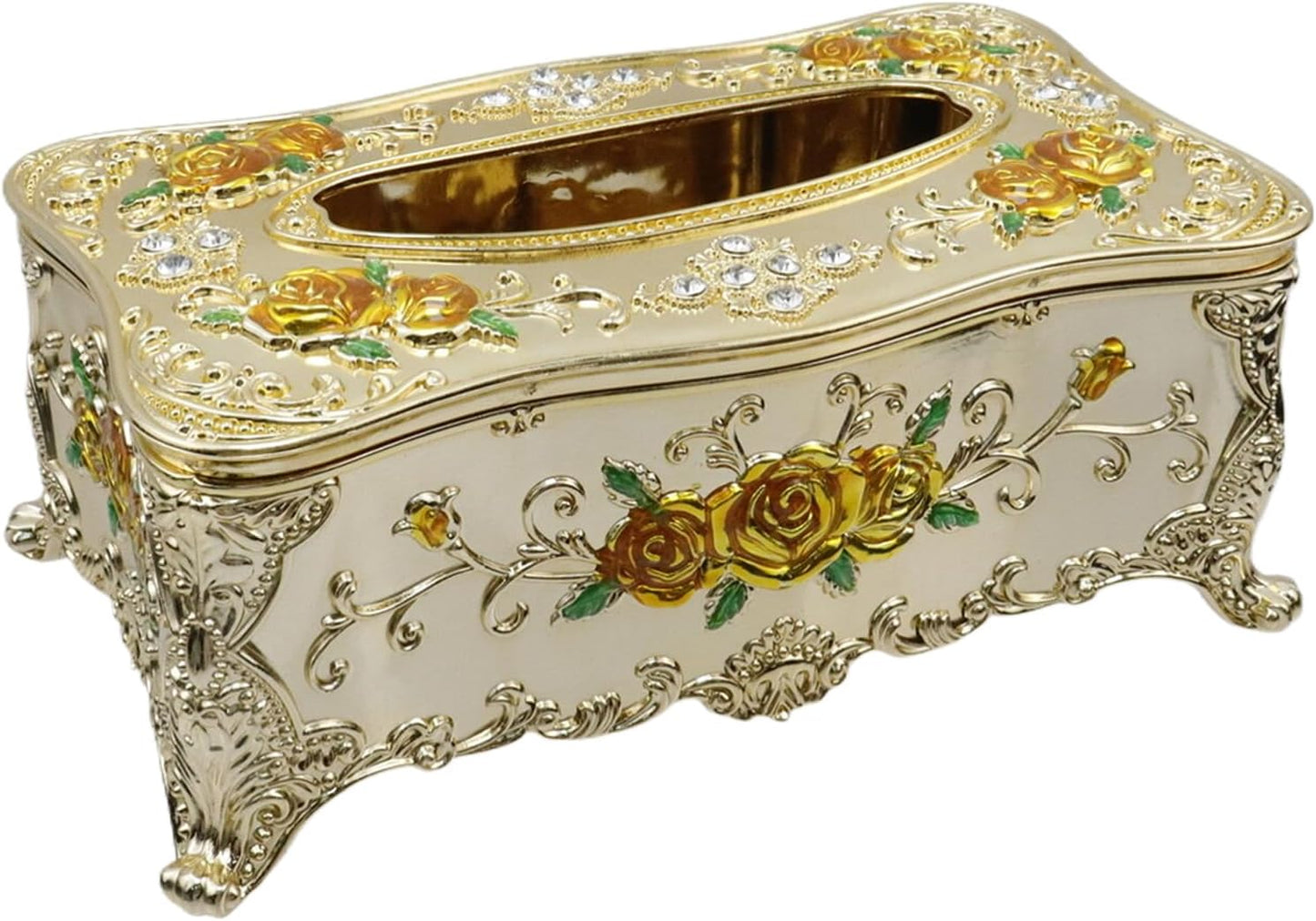 Luxurious Rose Tissue Box with Imitation Diamonds,Gold-Yellow | 9.45"x5.43"x3.94"，Embossed Flowers, Elegant Tissue Paper Holders，for Home Toilet Bath Hotel