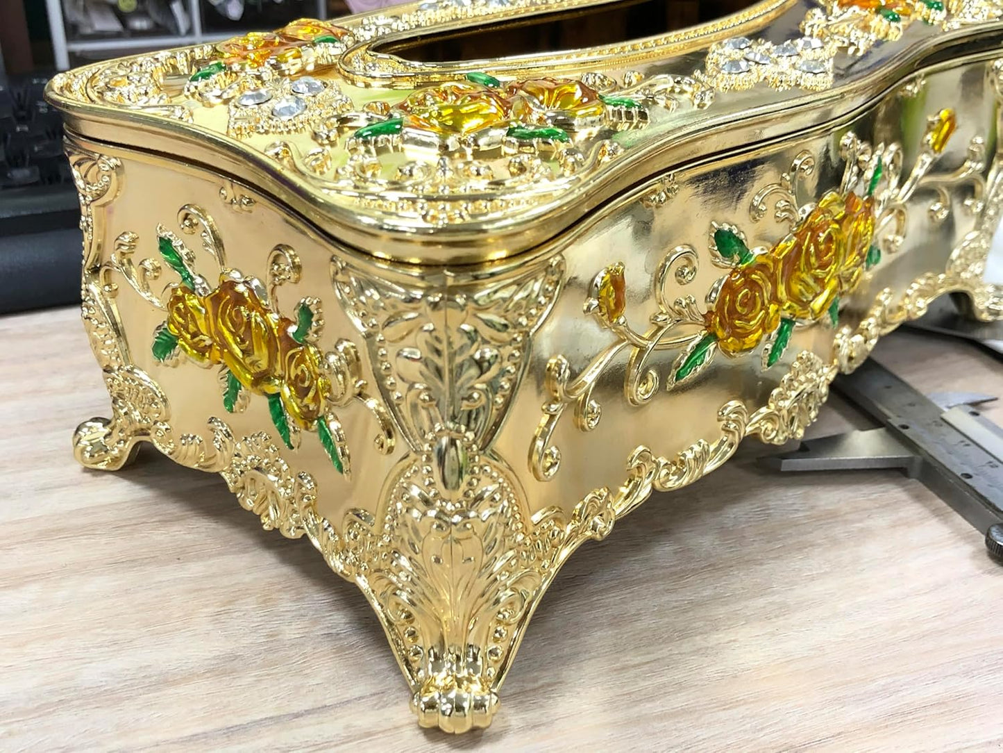 Luxurious Rose Tissue Box with Imitation Diamonds,Gold-Yellow | 9.45"x5.43"x3.94"，Embossed Flowers, Elegant Tissue Paper Holders，for Home Toilet Bath Hotel