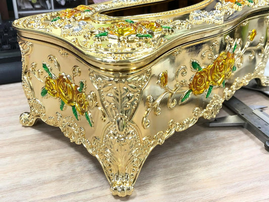 Luxurious Rose Tissue Box with Imitation Diamonds,Gold-Yellow | 9.45"x5.43"x3.94"，Embossed Flowers, Elegant Tissue Paper Holders，for Home Toilet Bath Hotel