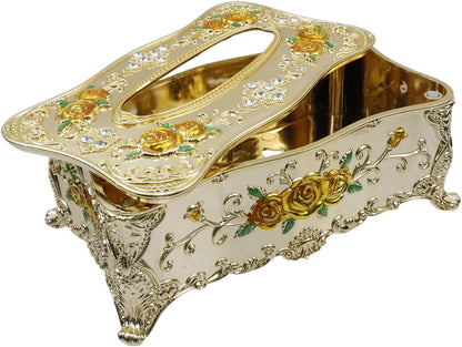 Luxurious Rose Tissue Box with Imitation Diamonds,Gold-Yellow | 9.45"x5.43"x3.94"，Embossed Flowers, Elegant Tissue Paper Holders，for Home Toilet Bath Hotel