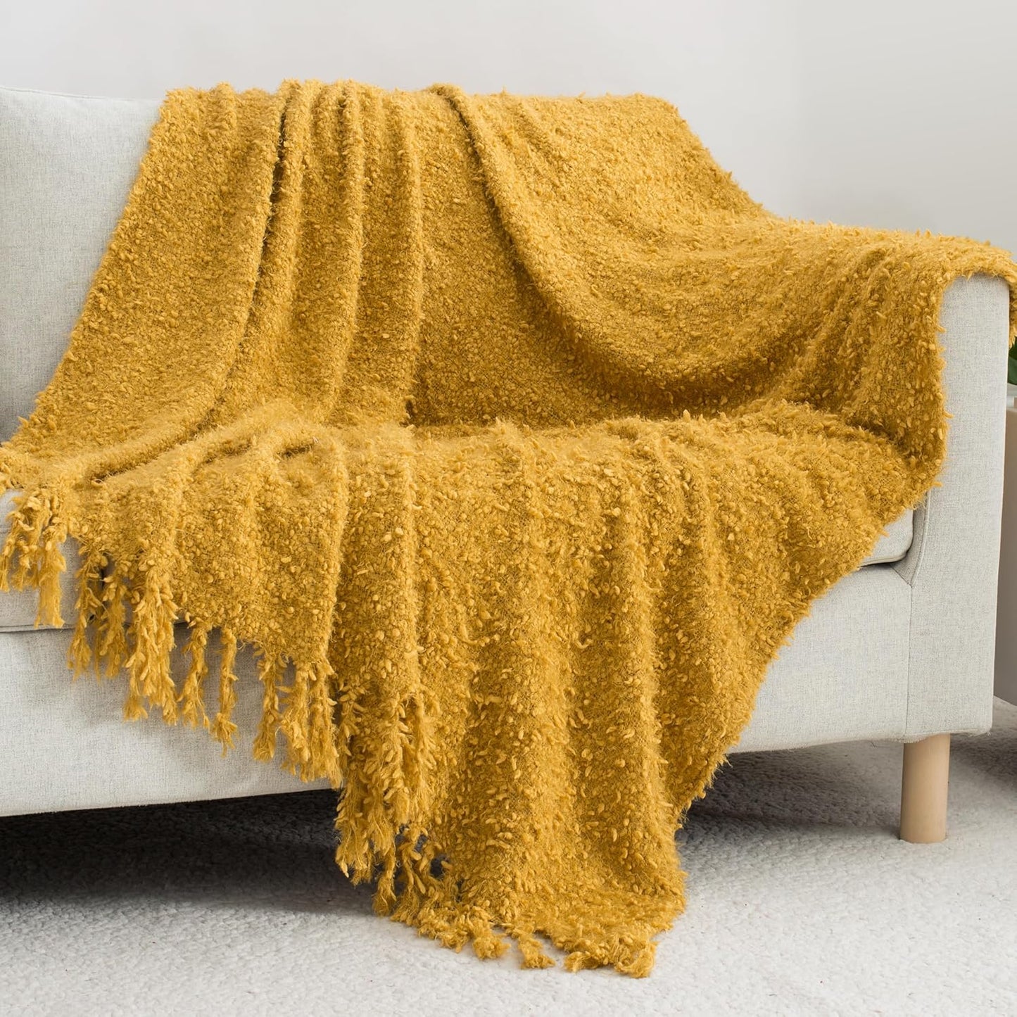 Winter Knit Throw Blanket Fluffy Fuzzy Soft Lightweight Cozy Farmhouse Tassels Chunky Knitted Throws for Couch Sofa Bed (Mustard Yellow, 50"x60")
