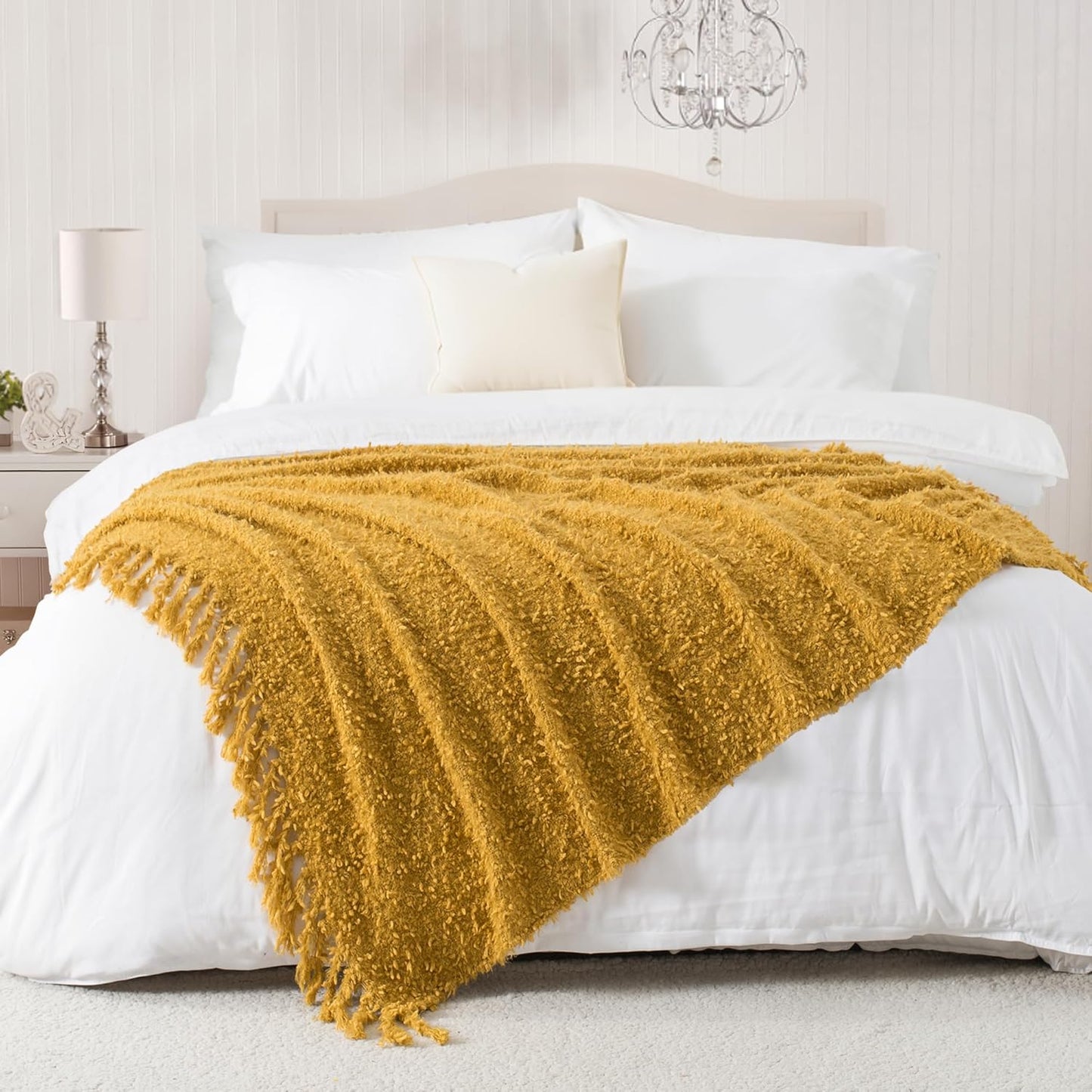 Winter Knit Throw Blanket Fluffy Fuzzy Soft Lightweight Cozy Farmhouse Tassels Chunky Knitted Throws for Couch Sofa Bed (Mustard Yellow, 50"x60")