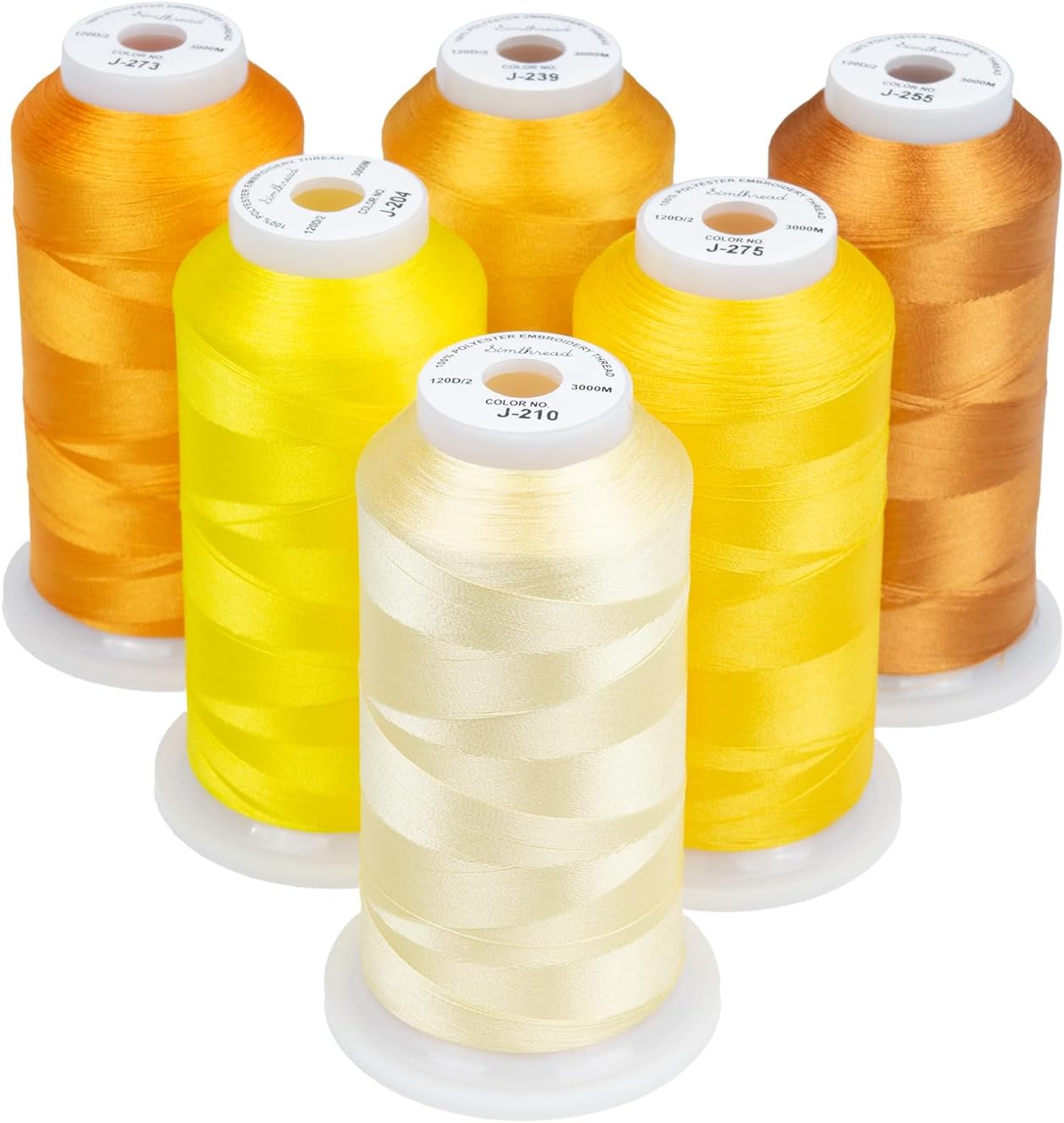 6 Spools 3000 Yds 40WT Polyester Embroidery Thread Yellow Set | 6-spool yellow series offers 40WT polyester thread for home and commercial embroidery machines, lettering, and patches.