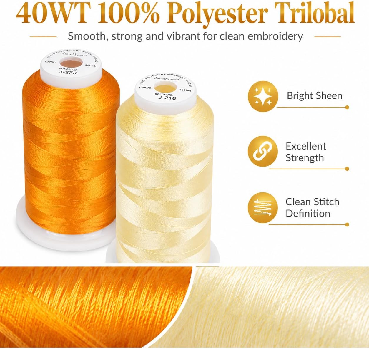 6 Spools 3000 Yds 40WT Polyester Embroidery Thread Yellow Set | 6-spool yellow series offers 40WT polyester thread for home and commercial embroidery machines, lettering, and patches.