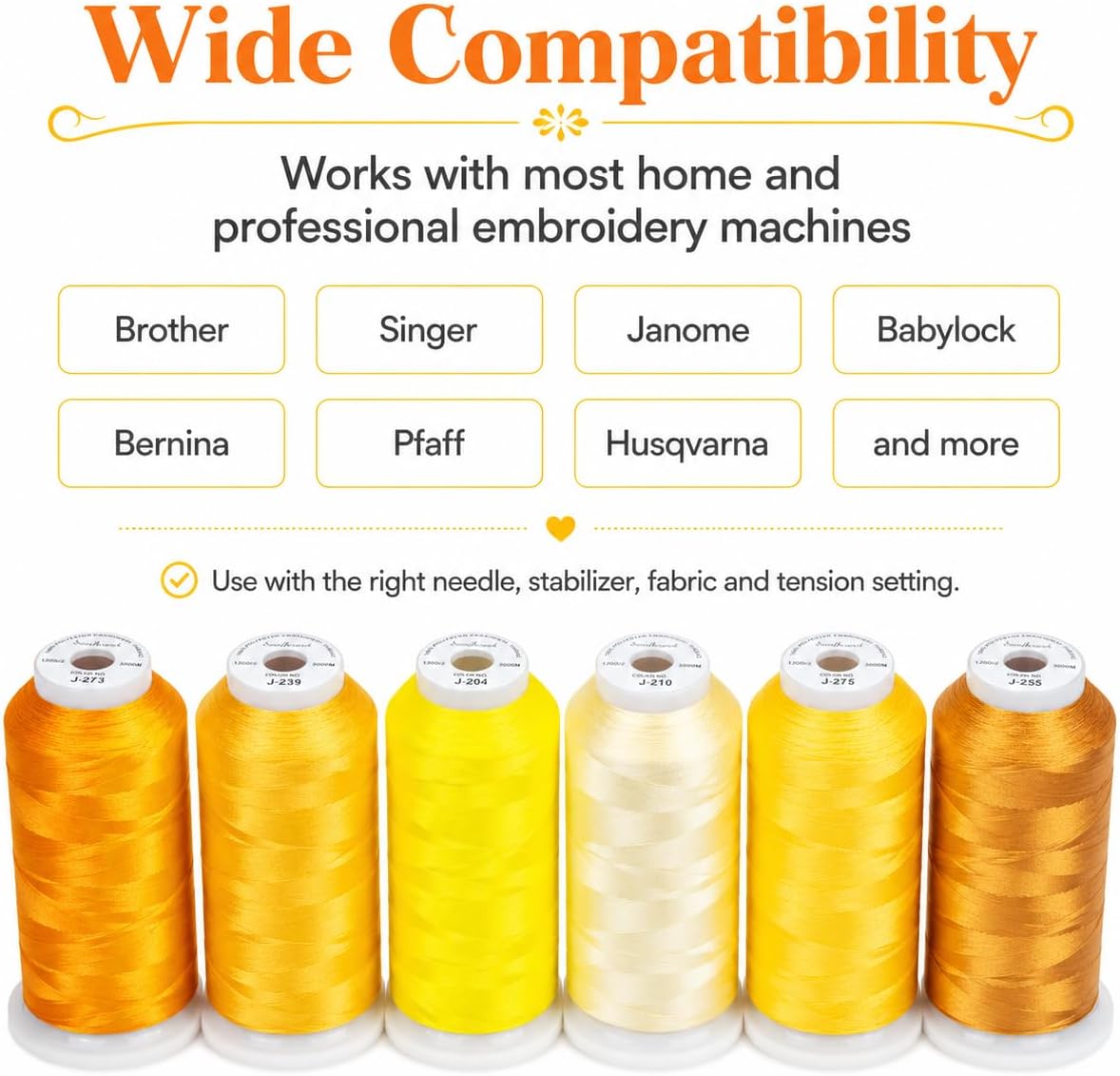 6 Spools 3000 Yds 40WT Polyester Embroidery Thread Yellow Set | 6-spool yellow series offers 40WT polyester thread for home and commercial embroidery machines, lettering, and patches.