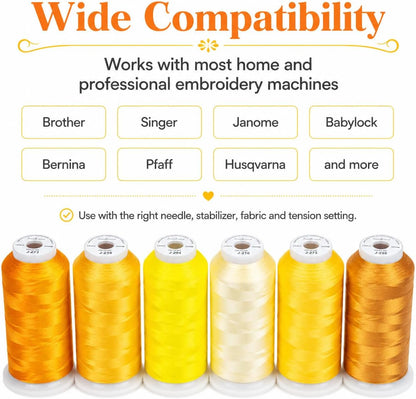 6 Spools 3000 Yds 40WT Polyester Embroidery Thread Yellow Set | 6-spool yellow series offers 40WT polyester thread for home and commercial embroidery machines, lettering, and patches.