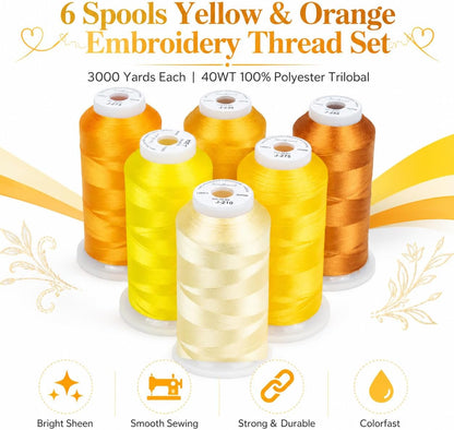 6 Spools 3000 Yds 40WT Polyester Embroidery Thread Yellow Set | 6-spool yellow series offers 40WT polyester thread for home and commercial embroidery machines, lettering, and patches.