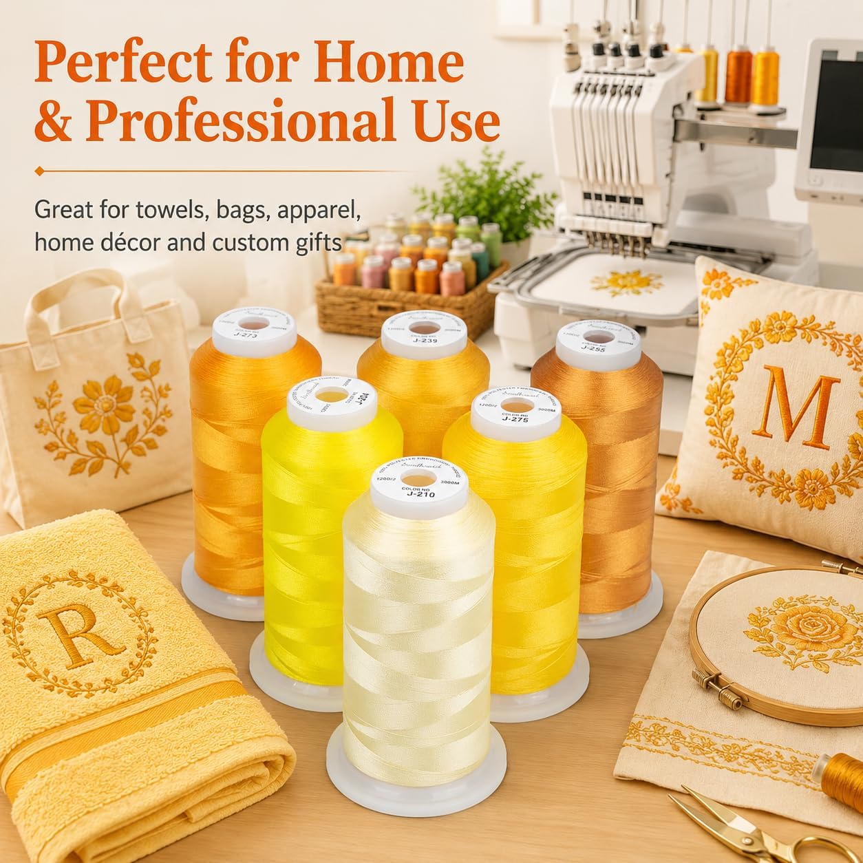 6 Spools 3000 Yds 40WT Polyester Embroidery Thread Yellow Set | 6-spool yellow series offers 40WT polyester thread for home and commercial embroidery machines, lettering, and patches.