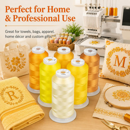 6 Spools 3000 Yds 40WT Polyester Embroidery Thread Yellow Set | 6-spool yellow series offers 40WT polyester thread for home and commercial embroidery machines, lettering, and patches.