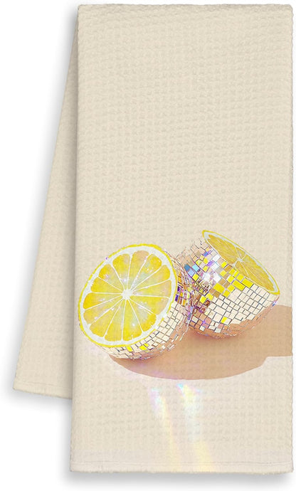Disco Lemon Kitchen Towels, Yellow Preppy Hand Towels Decor for Bathroom Girly Room, Trendy Dish Towel, Glam Disco Ball Maximalist Tea Bar Waffle Towel for College Dorm Girls Home 16x24in
