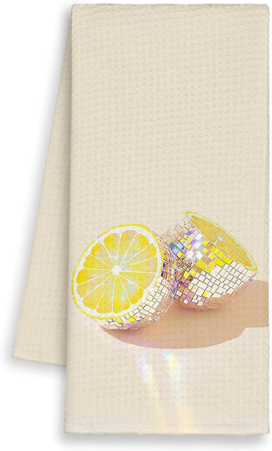 Disco Lemon Kitchen Towels, Yellow Preppy Hand Towels Decor for Bathroom Girly Room, Trendy Dish Towel, Glam Disco Ball Maximalist Tea Bar Waffle Towel for College Dorm Girls Home 16x24in