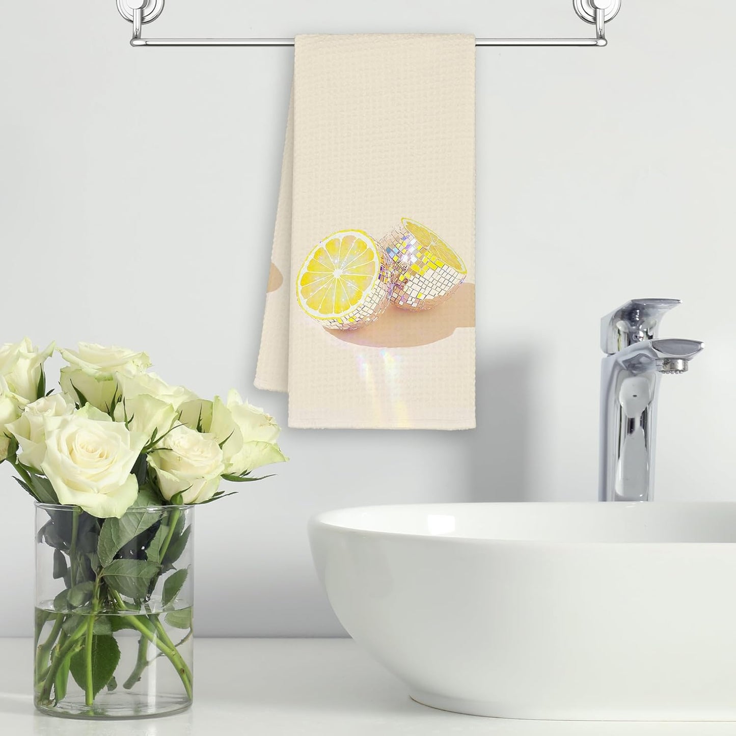 Disco Lemon Kitchen Towels, Yellow Preppy Hand Towels Decor for Bathroom Girly Room, Trendy Dish Towel, Glam Disco Ball Maximalist Tea Bar Waffle Towel for College Dorm Girls Home 16x24in