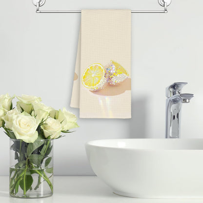 Disco Lemon Kitchen Towels, Yellow Preppy Hand Towels Decor for Bathroom Girly Room, Trendy Dish Towel, Glam Disco Ball Maximalist Tea Bar Waffle Towel for College Dorm Girls Home 16x24in