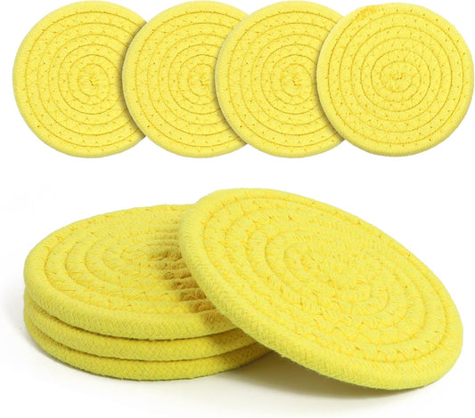 Coasters Set of 4 for Drinks, Cotton Woven 4 Colors Absorbent Boho Coasters for Home Decor Cups - Hot or Cold Drink Thickened (Lemon Yellow)