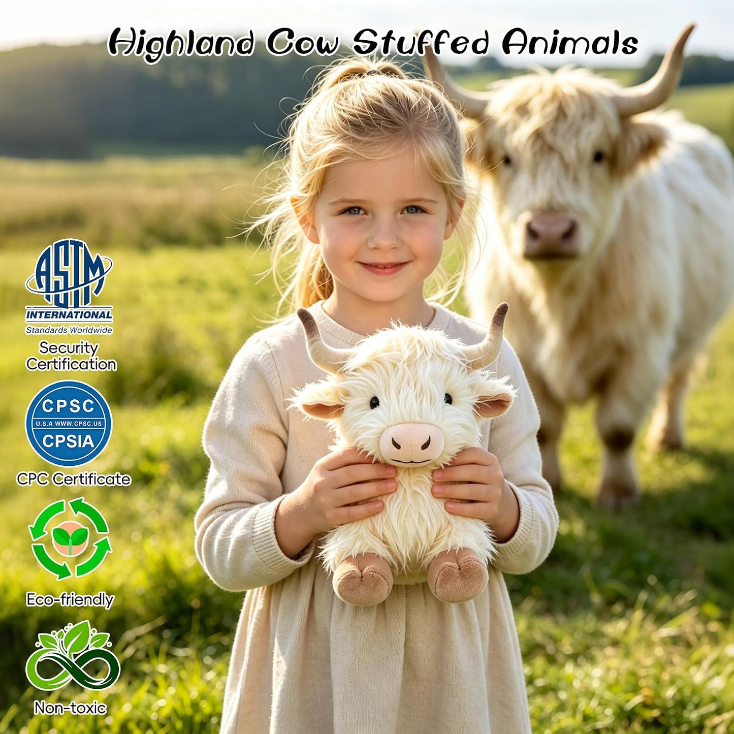 Highland Cow Stuffed Animal, 13.4in Unique Stuffed Animal Plush, Highland Cattle Farm Toy Present for Kids Adults Christmas Halloween Birthday (Yellow)