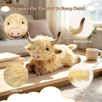 Highland Cow Stuffed Animal, 13.4in Unique Stuffed Animal Plush, Highland Cattle Farm Toy Present for Kids Adults Christmas Halloween Birthday (Yellow)