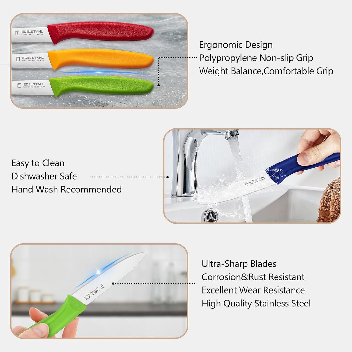 Paring Knife,Stainless Steel Paring Knives Set of 6,Super Sharp Vegetable&Fruit Knife,Straight Edge Paring Knifes,PP Plastic Ergonomic Handle,Yellow Peeling Knifes