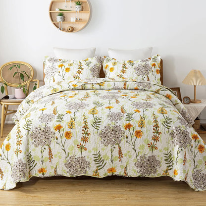 3-Piece Quilt Set Quilted Bedspread Lightweight Reversible Coverlet Set Floral Printed Oversized Quilted Bedding Set with Shams for All Season, Yellow Flower, Queen Size