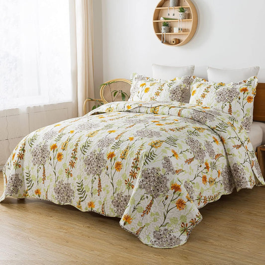 3-Piece Quilt Set Quilted Bedspread Lightweight Reversible Coverlet Set Floral Printed Oversized Quilted Bedding Set with Shams for All Season, Yellow Flower, Queen Size