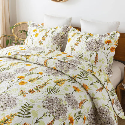 3-Piece Quilt Set Quilted Bedspread Lightweight Reversible Coverlet Set Floral Printed Oversized Quilted Bedding Set with Shams for All Season, Yellow Flower, Queen Size