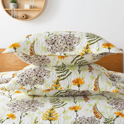 3-Piece Quilt Set Quilted Bedspread Lightweight Reversible Coverlet Set Floral Printed Oversized Quilted Bedding Set with Shams for All Season, Yellow Flower, Queen Size